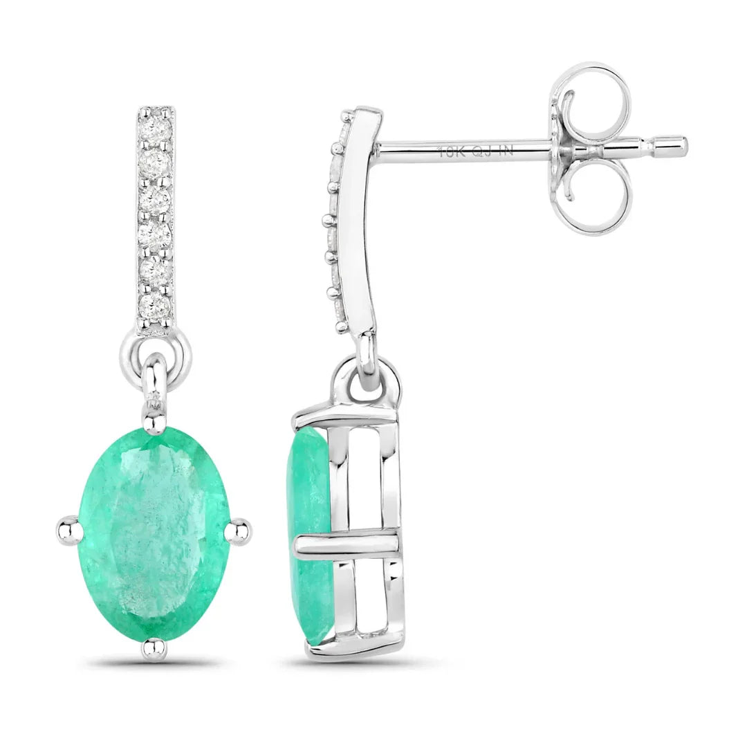 1.44 Ct Oval Green Zambian Emerald Diamond Prong 10K Gold Dangle Earrings