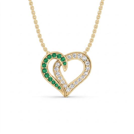 0.64 Cttw Round Green Emerald and Lab Grown Diamond 14K Gold Pave Open Heart Pendant Necklace
