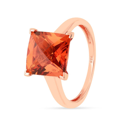 4.24 Ct Square Orange Lab Grown Padparadscha Sapphire Prong 18K Rose Gold Plated Silver Solitaire Ring