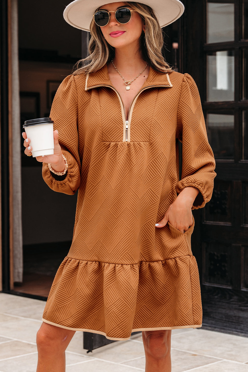 Threaded Pear Danielle Zip Collar Textured Mini Dress