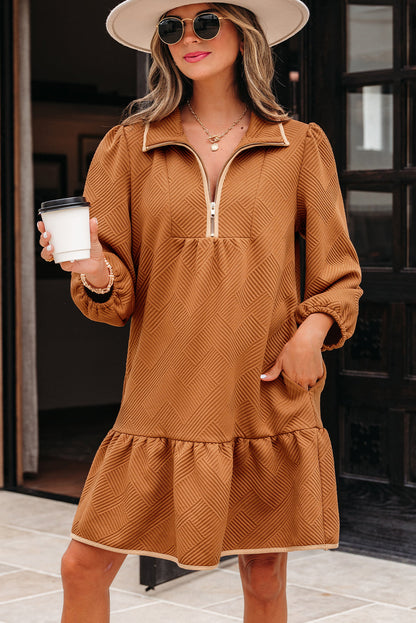 Threaded Pear Danielle Zip Collar Textured Mini Dress