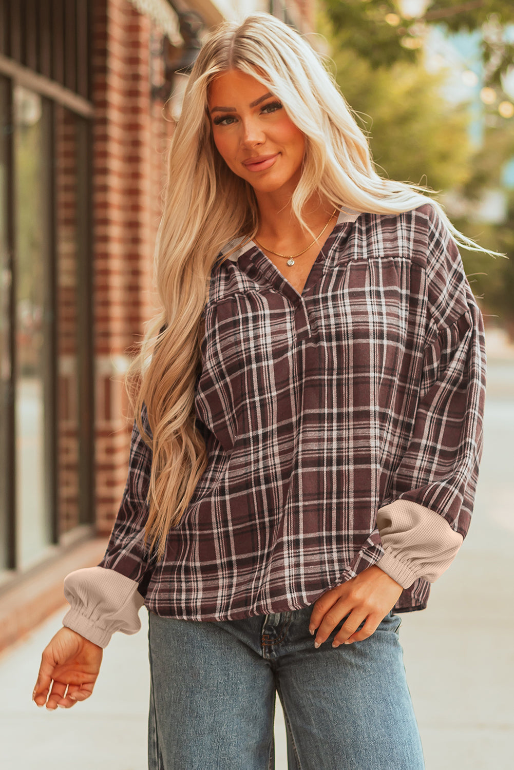Threaded Pear Lauren Plaid Patchwork Long Sleeve Hooded Top