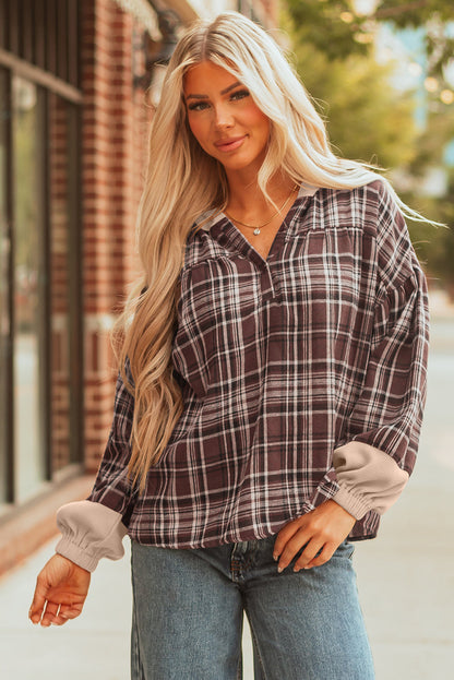 Threaded Pear Lauren Plaid Patchwork Long Sleeve Hooded Top