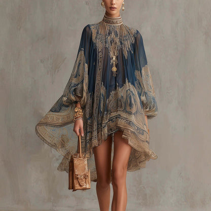Navy Blue Printed Puff Sleeve Stand Collar Dress – Loose Boho Asymmetric Hem Dress for Women