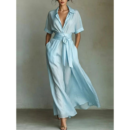 Women's Solid Color Waist-Slimming Maxi Dress — Flip Collar