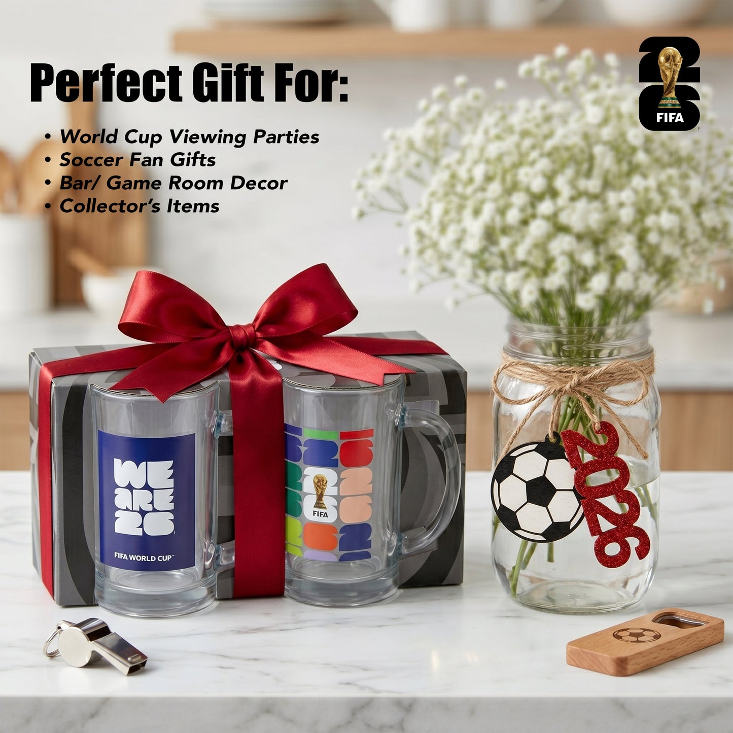 FIFA We Are 26 & Trophy Set of 2 Glass Mugs With Handle  21 OZ.