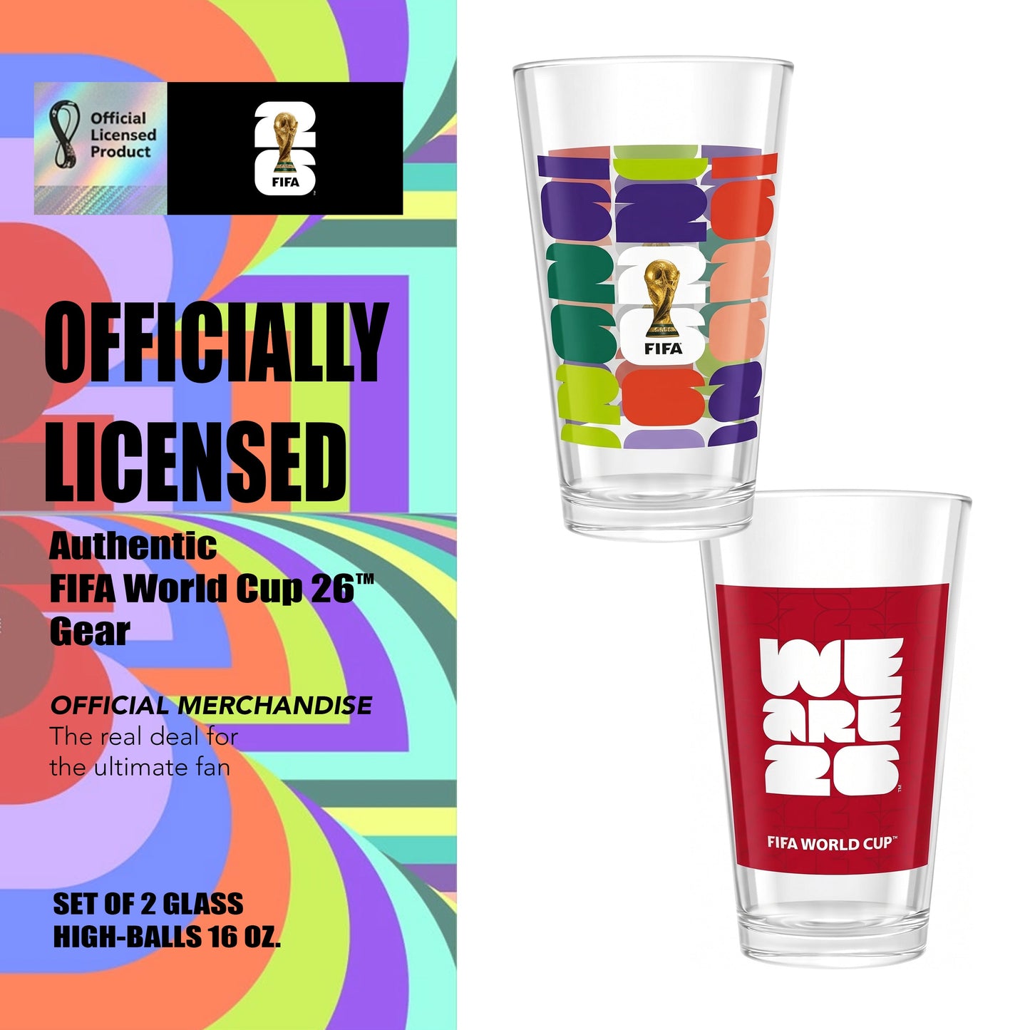 FIFA Trophy & We Are 26 Set of 2 Glass Highballs 16 OZ.
