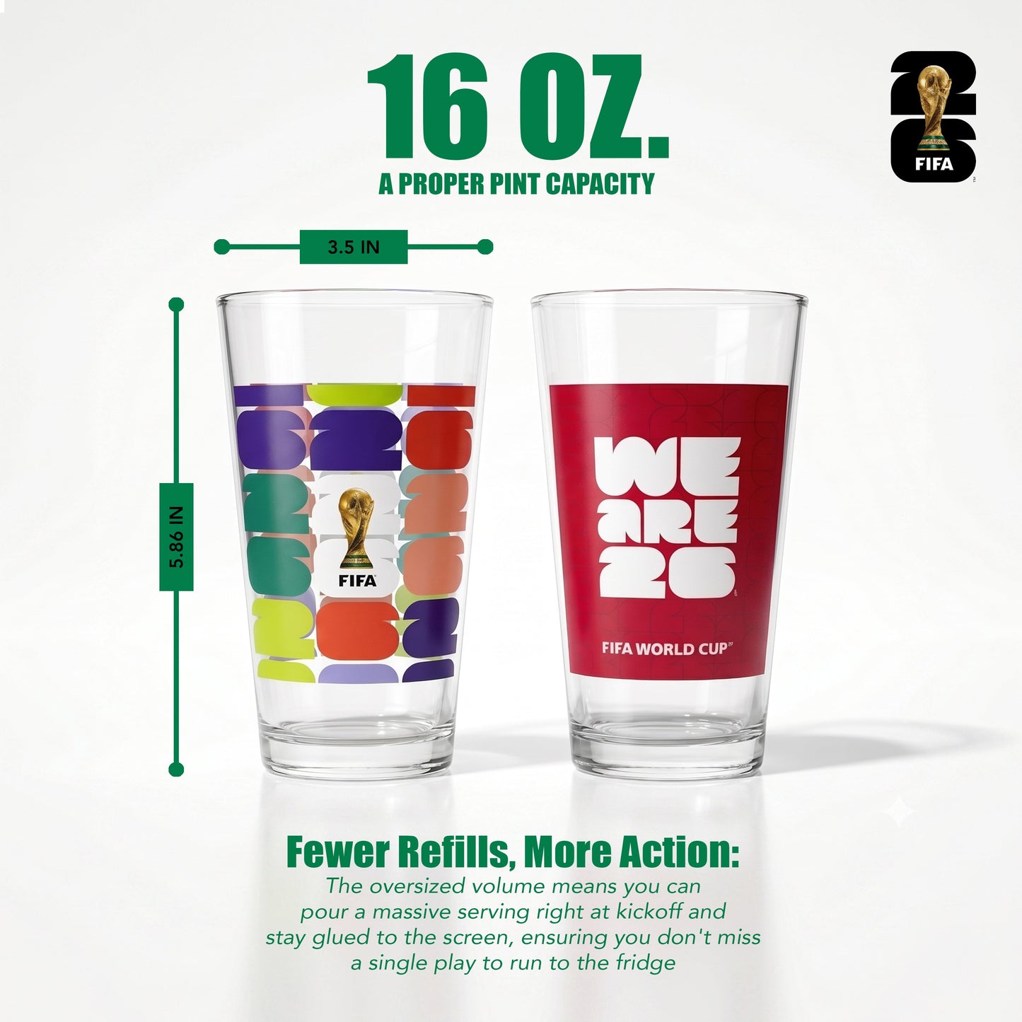 FIFA Trophy & We Are 26 Set of 2 Glass Highballs 16 OZ.