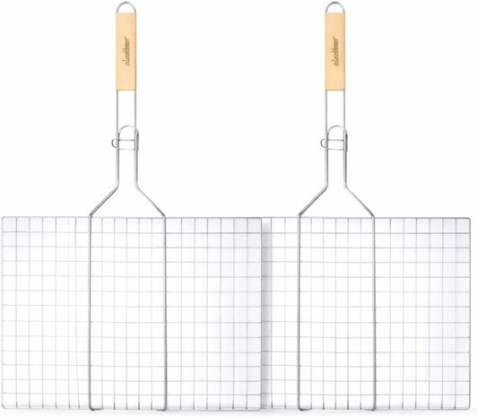 Stainless Steel Grill Basket with Wooden Handle, 16x12 Inch, 2 Pack, BBQ Grilling Rack for Vegetables, Fish and Seafood