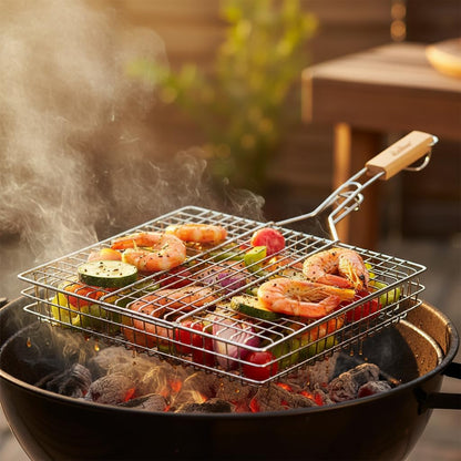 Stainless Steel Grill Basket with Wooden Handle, 16x12 Inch, 2 Pack, BBQ Grilling Rack for Vegetables, Fish and Seafood