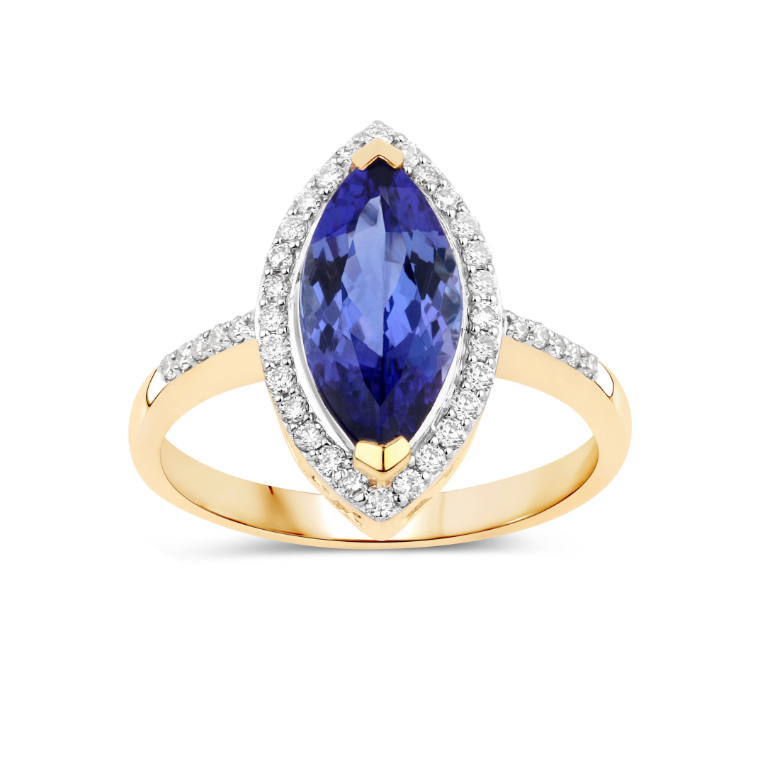 2.06 Ct Marquise Violet Tanzanite Diamond Prong 14K Yellow Gold Halo Pave Bridge Ring