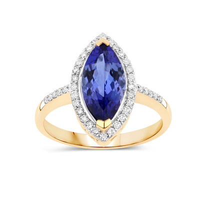 2.06 Ct Marquise Violet Tanzanite Diamond Prong 14K Yellow Gold Halo Pave Bridge Ring