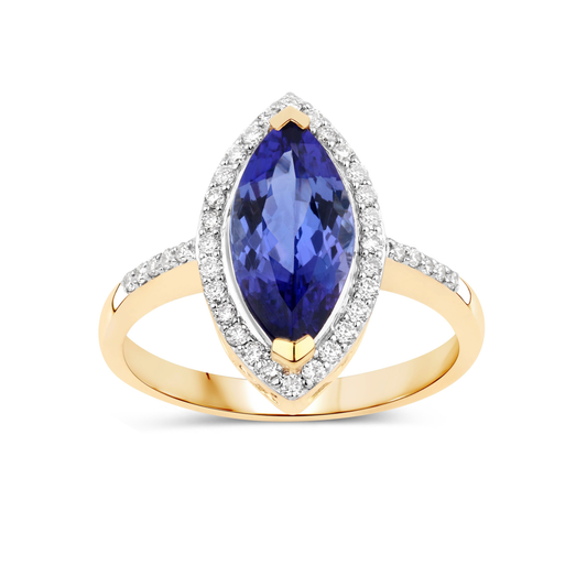 2.06 Ct Marquise Violet Tanzanite Diamond Prong 14K Yellow Gold Halo Pave Bridge Ring