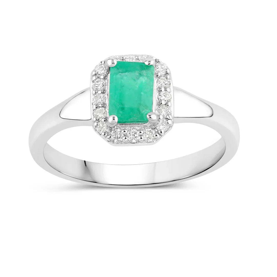 0.55 Ct Octagon Green Zambian Emerald & Lab Grown Diamond Prong Silver Halo Statement Ring