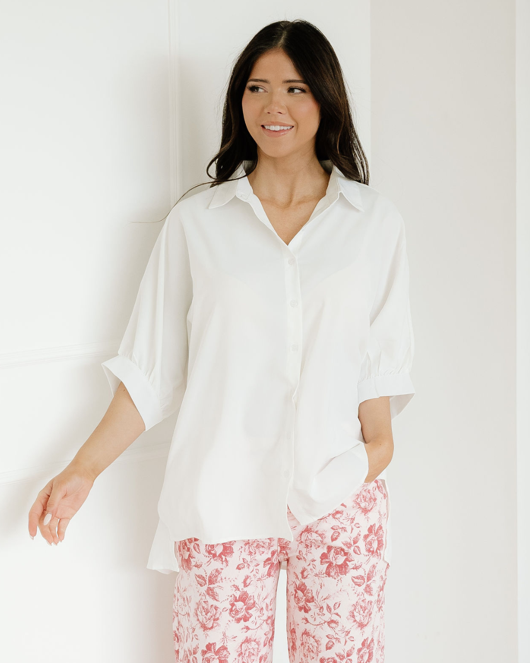 Wrenlee Plain 3/4 Batwing Sleeve Oversize Button Up Blouse - White