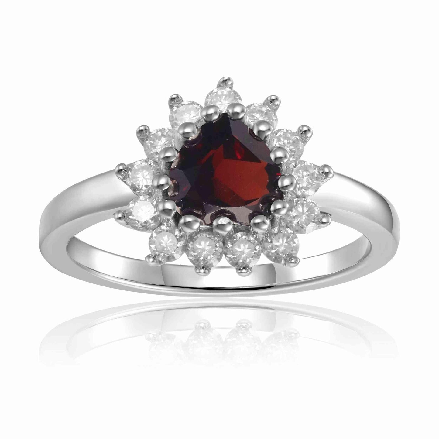 0.90 Ct Heart Red Garnet Prong Silver Halo Ring