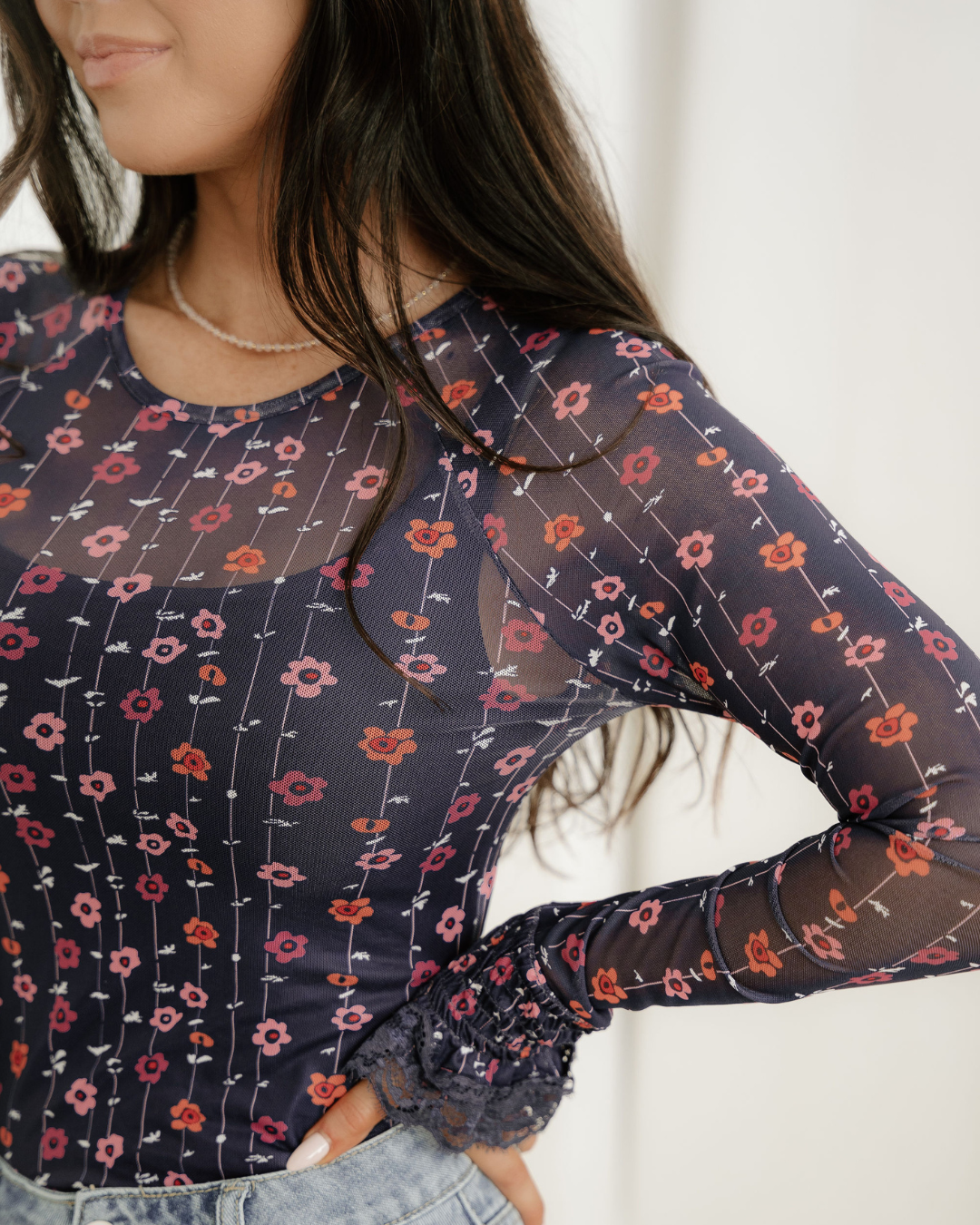 Samantha Floral Print Smocked Cuff Slim Fit Mesh Bodysuit