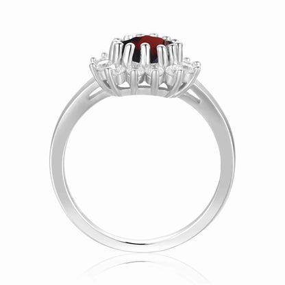 0.90 Ct Heart Red Garnet Prong Silver Halo Ring
