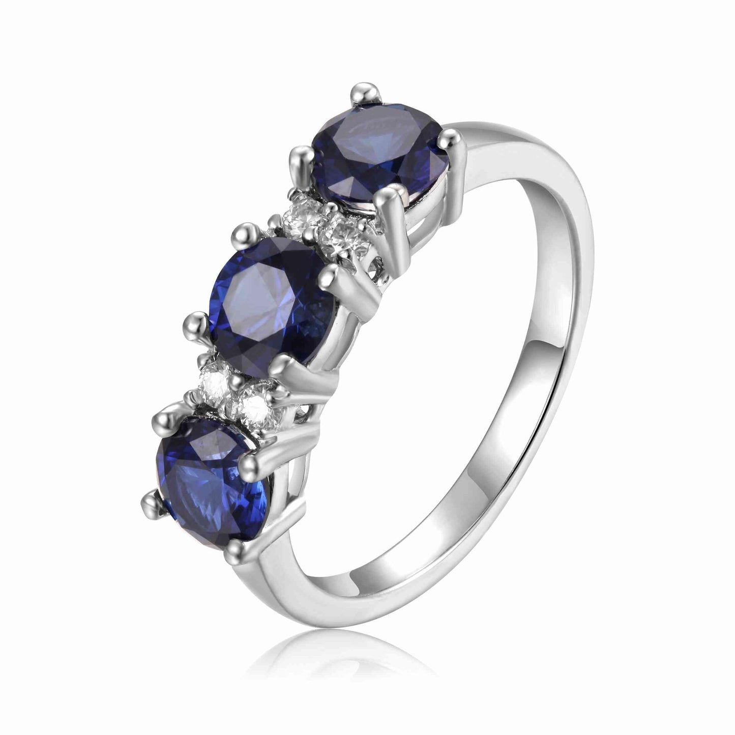 1.65 Ct Round Blue Sapphire Prong Silver Three Stone Ring