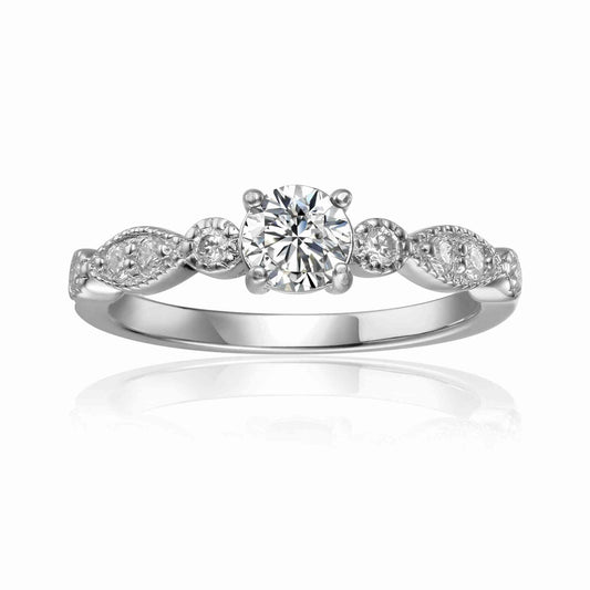 Round White Moissanite Prong Sterling Silver Engagement Solitaire Ring
