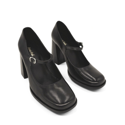 Jackie Leather Mary Jane Heels - Black