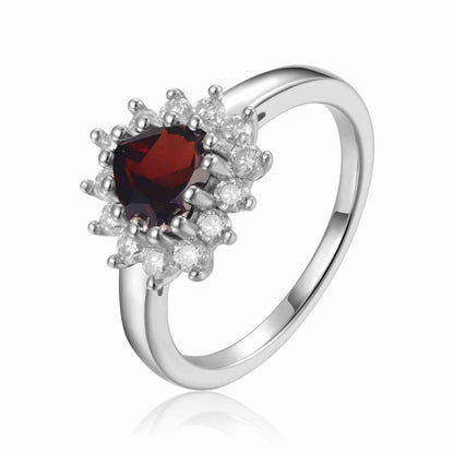 0.90 Ct Heart Red Garnet Prong Silver Halo Ring
