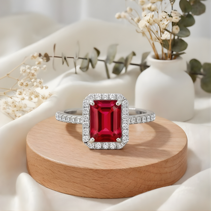 Octagon Created Pink Ruby Prong Silver Halo Ring