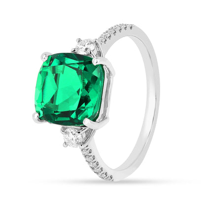 3.70 Ct Octagon Green Colombian Lab Created Emerald and Moissanite Prong Silver Three Stone Statement Ring