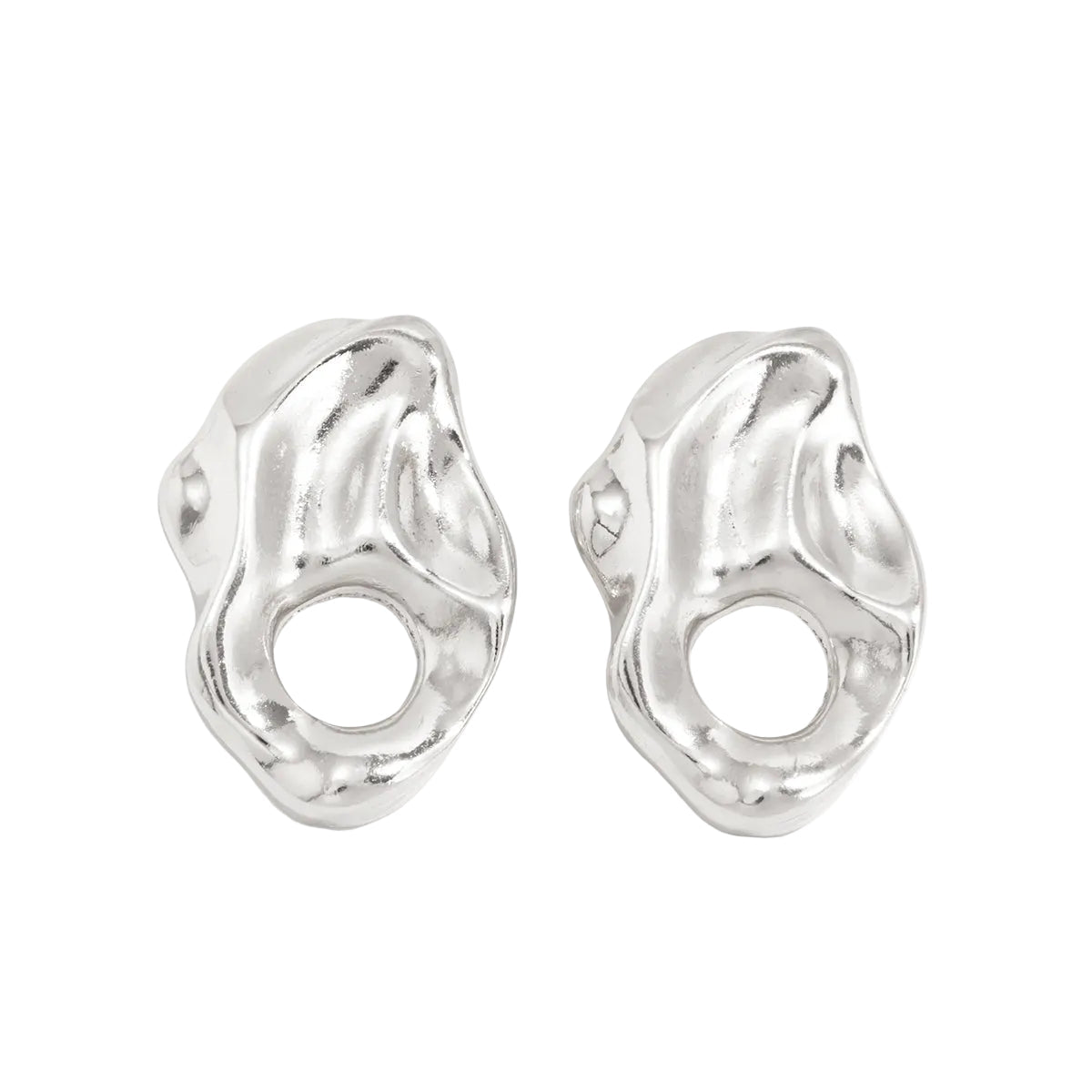 Silvertone Hammered Open Uneven Drop Statement Stud Earrings
