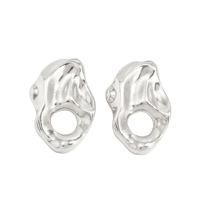 Silvertone Hammered Open Uneven Drop Statement Stud Earrings