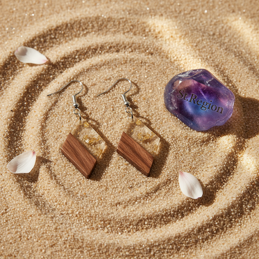 Clear Resin & Wood Silvertone Gold Foil Rhombus Hook Earrings