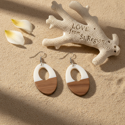 White Resin & Wood Silvertone Open Oval Hook Earrings