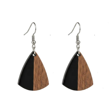 Black Resin & Wood Silvertone Shield Hook Earrings