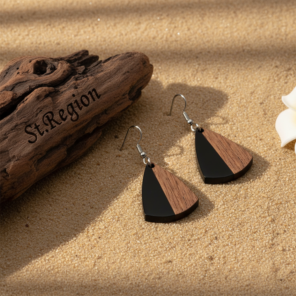 Black Resin & Wood Silvertone Shield Hook Earrings