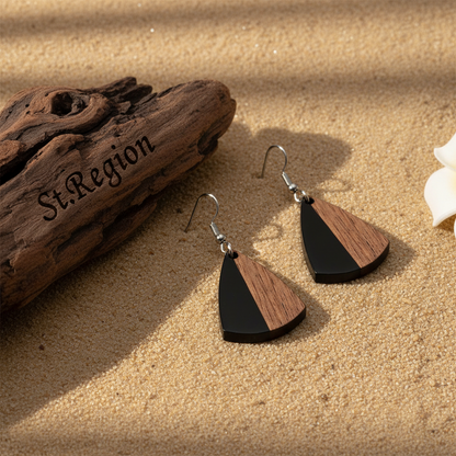 Black Resin & Wood Silvertone Shield Hook Earrings
