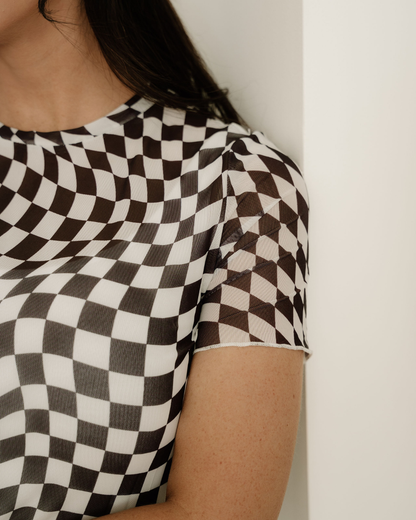 Sheer Checkered Mock Neck Mesh Short Sleeve
