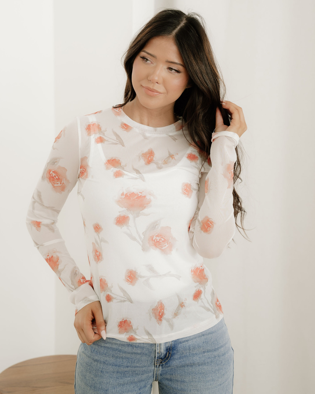 Malani Neck Floral Print Mesh Long Sleeve Top