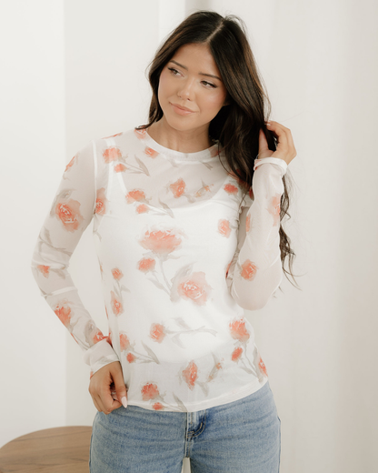 Malani Neck Floral Print Mesh Long Sleeve Top