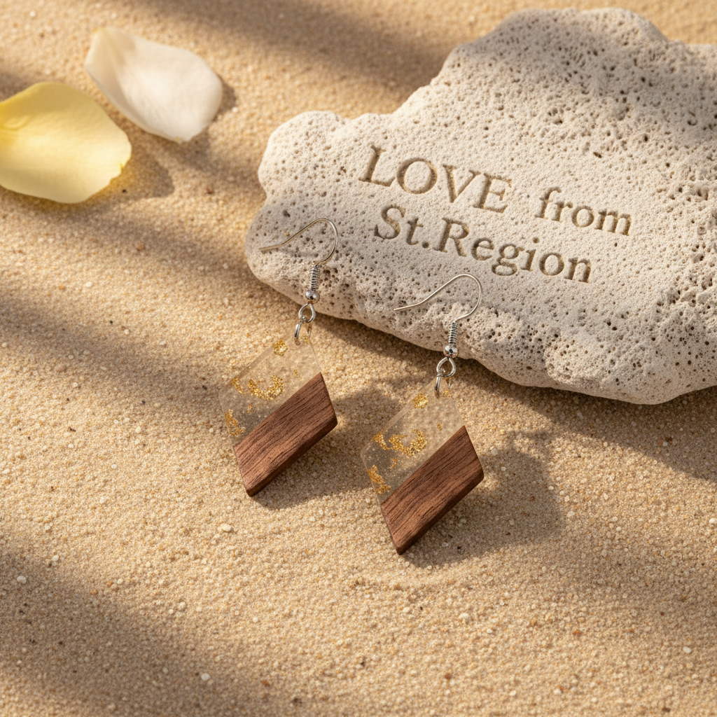 Clear Resin & Wood Silvertone Gold Foil Rhombus Hook Earrings