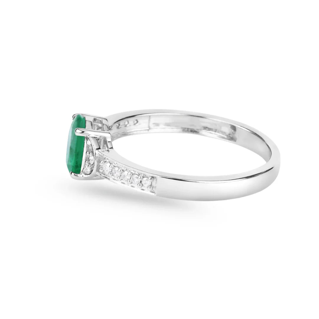 0.72 Ct Oval Green Zambian Emerald Diamond Prong 10k Gold Pave Bridge Ring