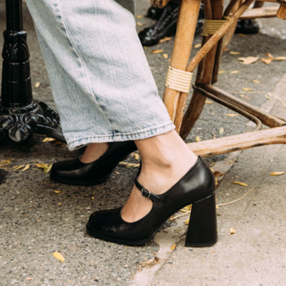 Jackie Leather Mary Jane Heels - Black