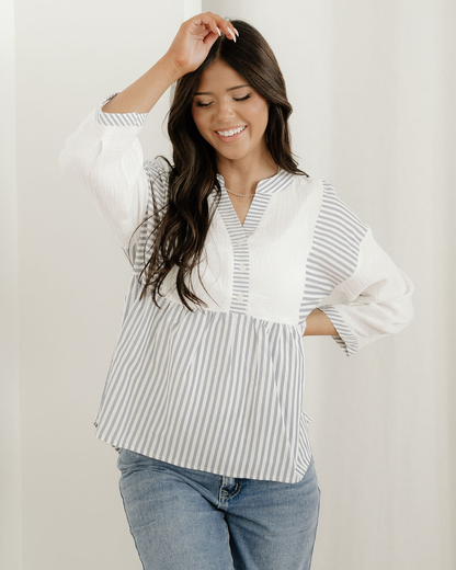 Morgan Half Button Gauze Patchwork Bracelet Sleeve Babydoll Blouse