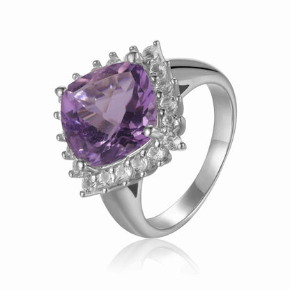 3.65 Ct Cushion Pink Amethyst Prong Silver Checkerboard Statement Ring