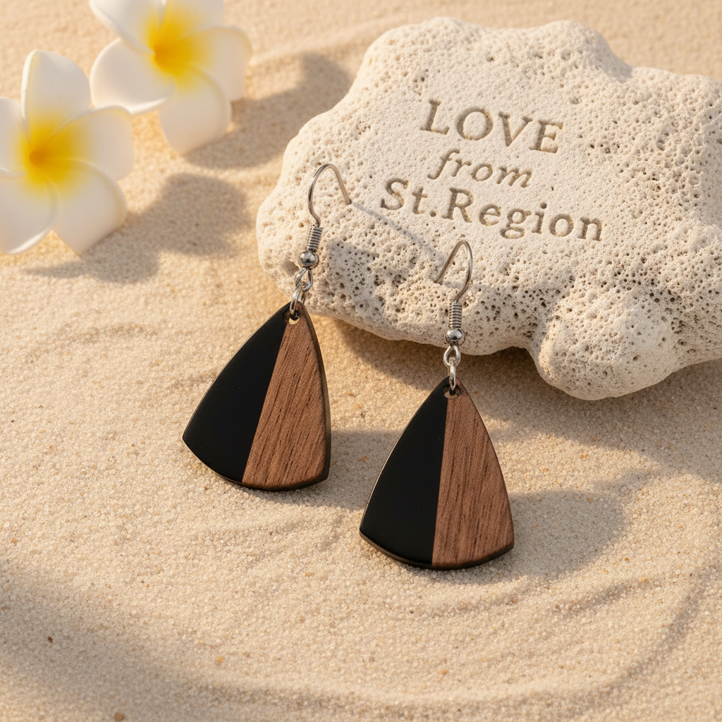 Black Resin & Wood Silvertone Shield Hook Earrings
