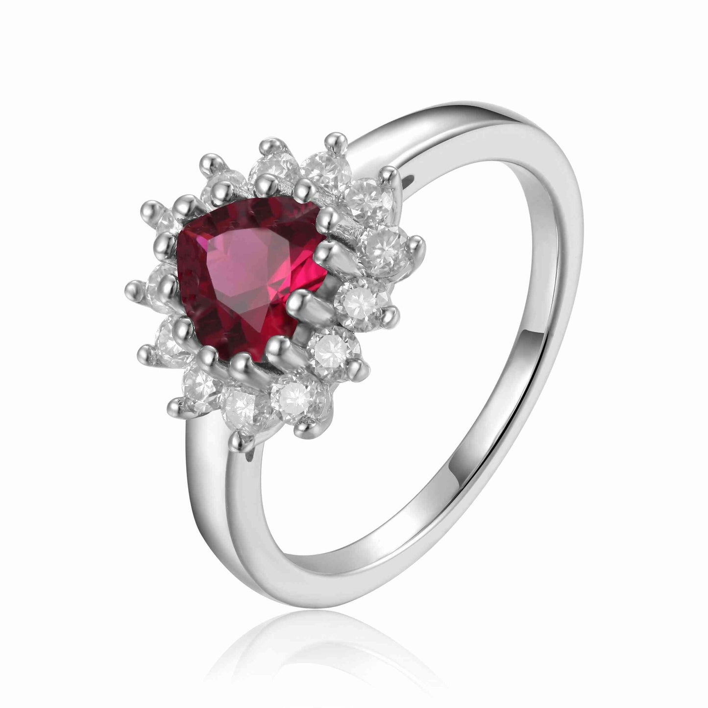 0.94 Ct Heart Red Lab Created Ruby Prong Silver Halo Ring