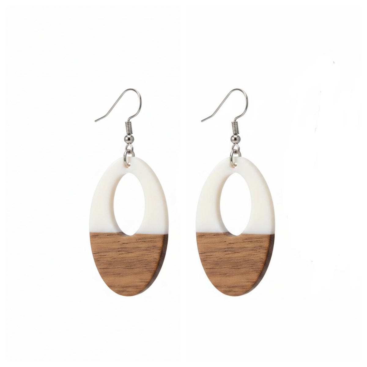 White Resin & Wood Silvertone Open Oval Hook Earrings