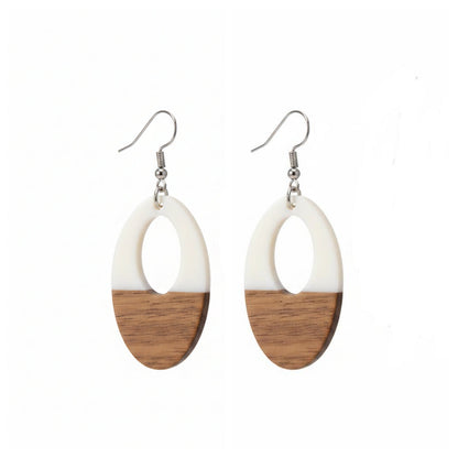 White Resin & Wood Silvertone Open Oval Hook Earrings
