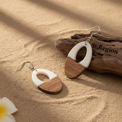 White Resin & Wood Silvertone Open Oval Hook Earrings