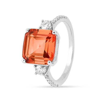 3.71 Ct Square Lab Created Peach Sapphire and Moissanite Prong Silver Three Stone Ring
