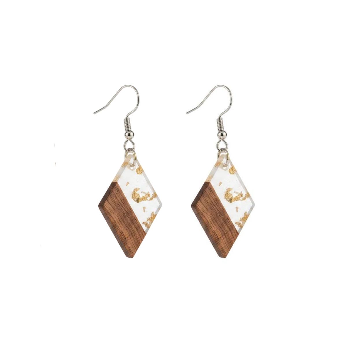 Clear Resin & Wood Silvertone Gold Foil Rhombus Hook Earrings